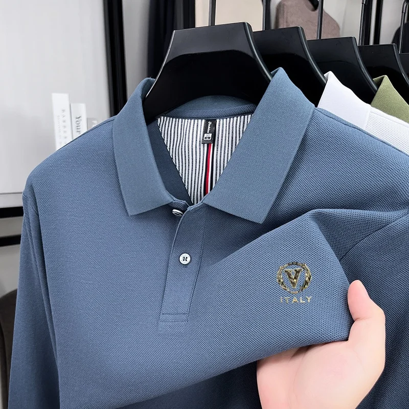 Men'S Fashion Brands - 100% reine Baumwolle, hochwertiges Luxusmarken-Herren-Langarm-Poloshirt, Herbstmode,
