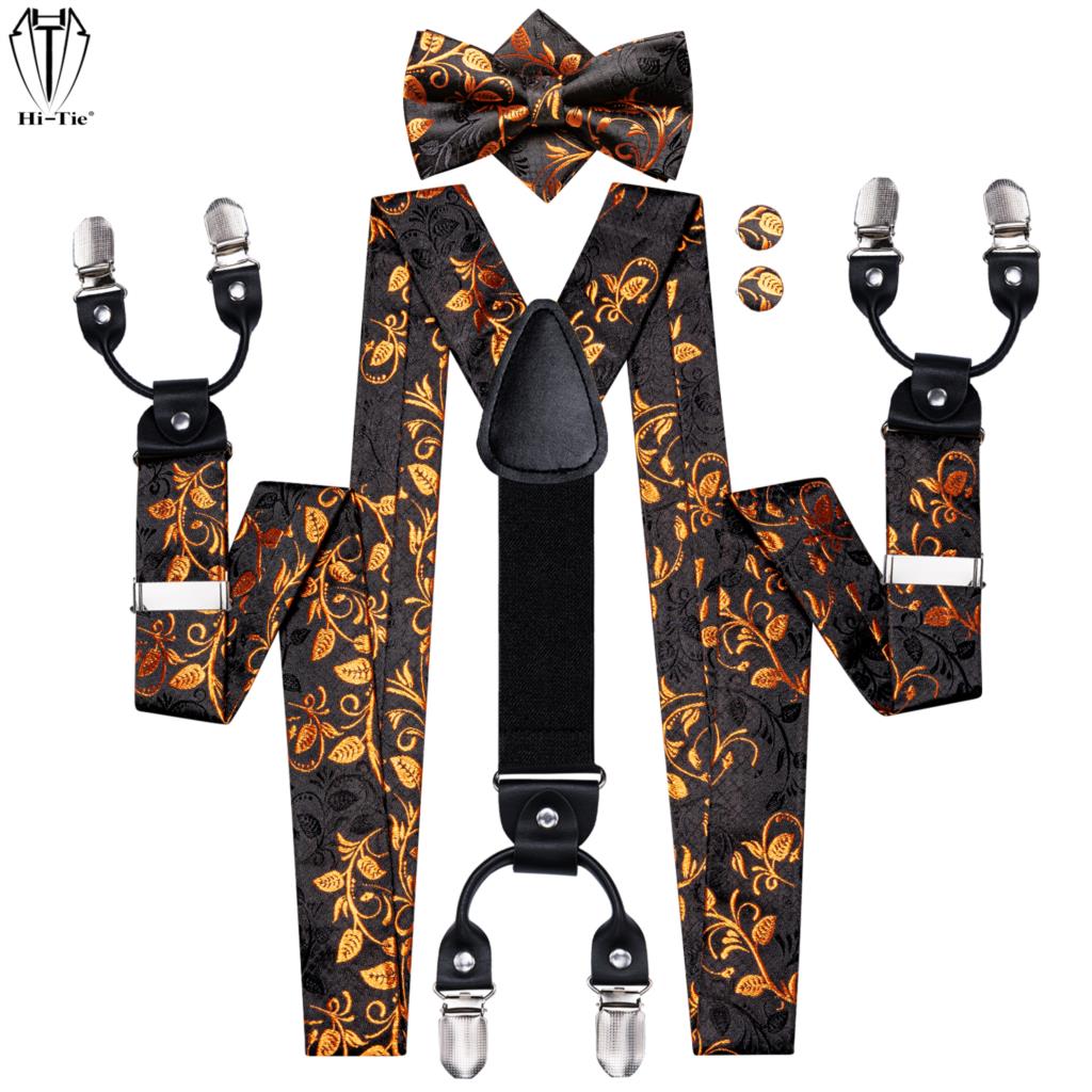 Suspenders Clip Men - Hi-Tie Jacquard Schwarz-Gold Ranken Herren Hosenträger,