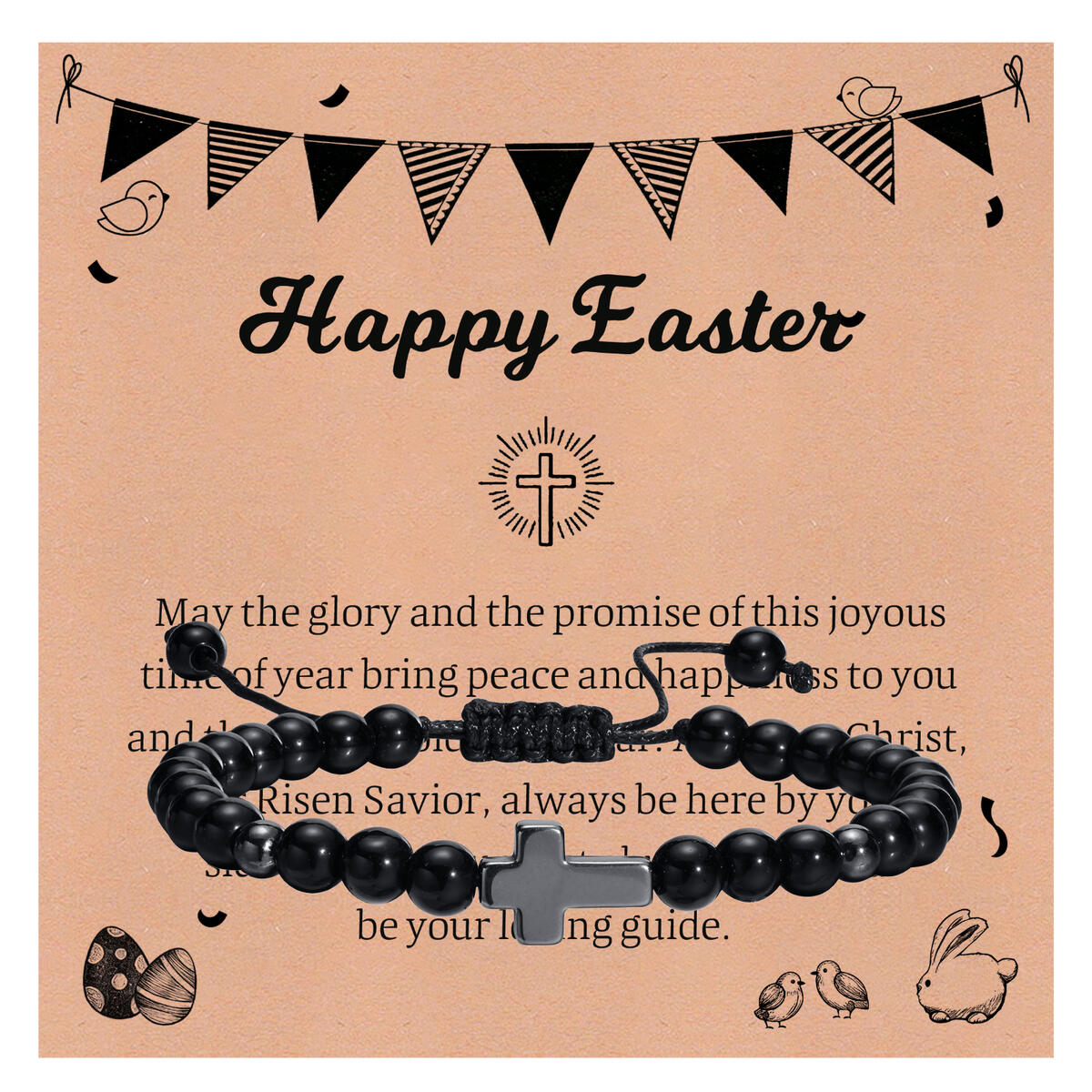 Men'S Fashion Easter - Oster-Hämatit-Kreuz-Armband für Männer, schwarze Onyx-Meditations-Perlenarmbänder, christlicher